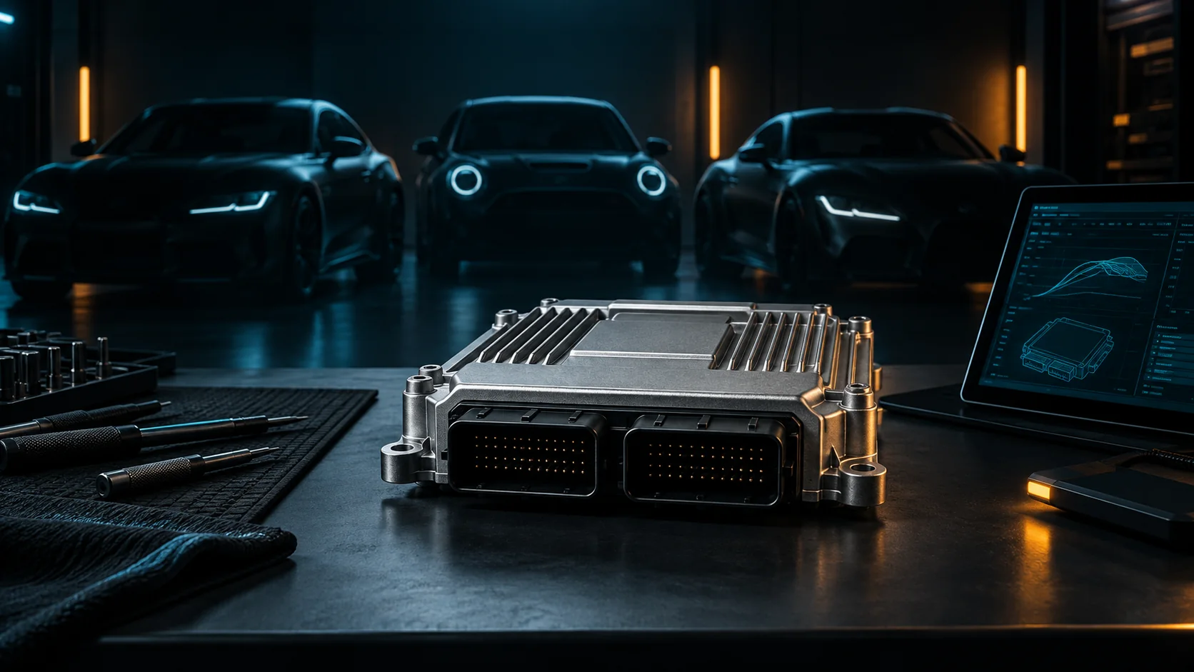 Automotive ECU on an electronics workbench