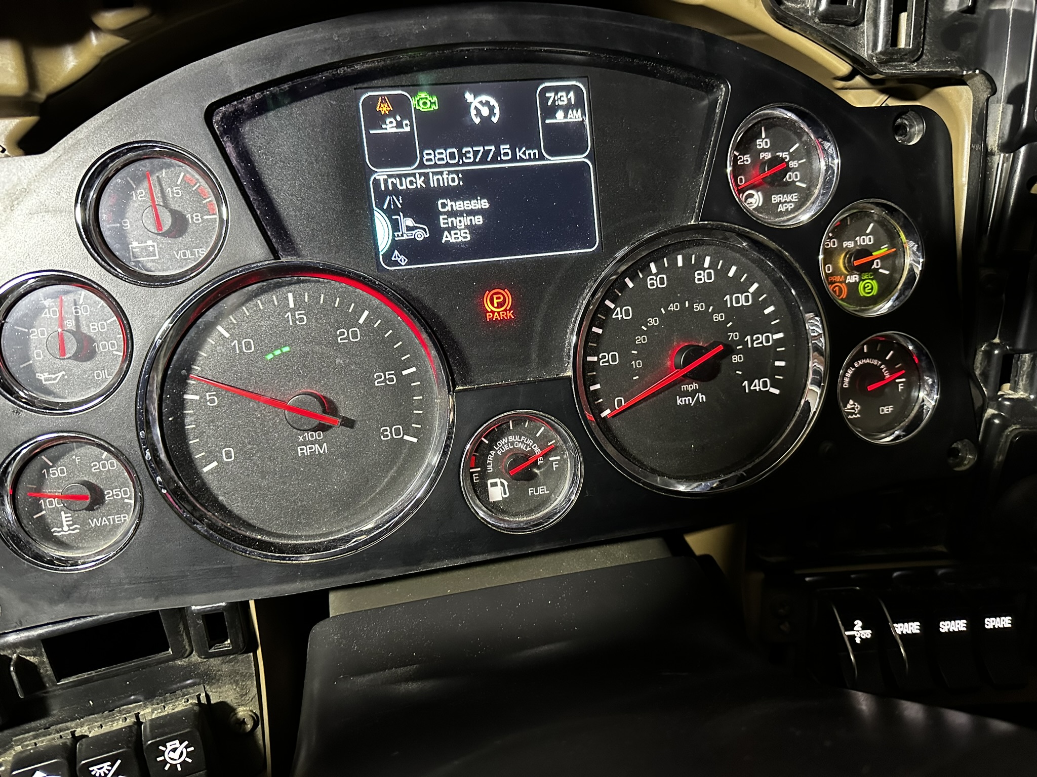 PACCAR instrument cluster on the bench for heavy truck repair