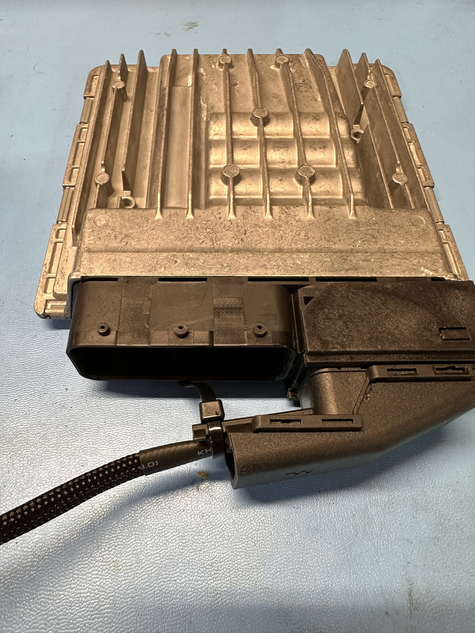 Automotive electronic module housing with cooling fins and connector harness