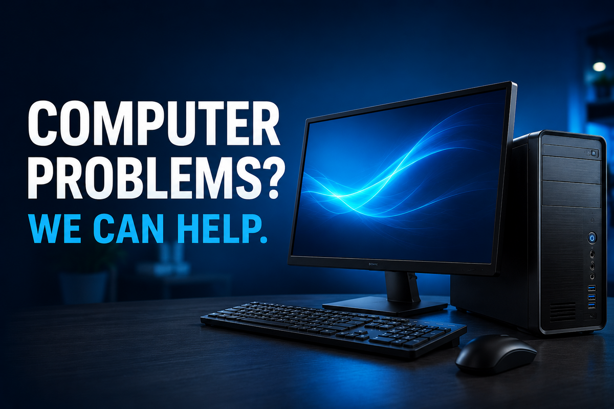 Desktop computer with the message Computer Problems? We Can Help